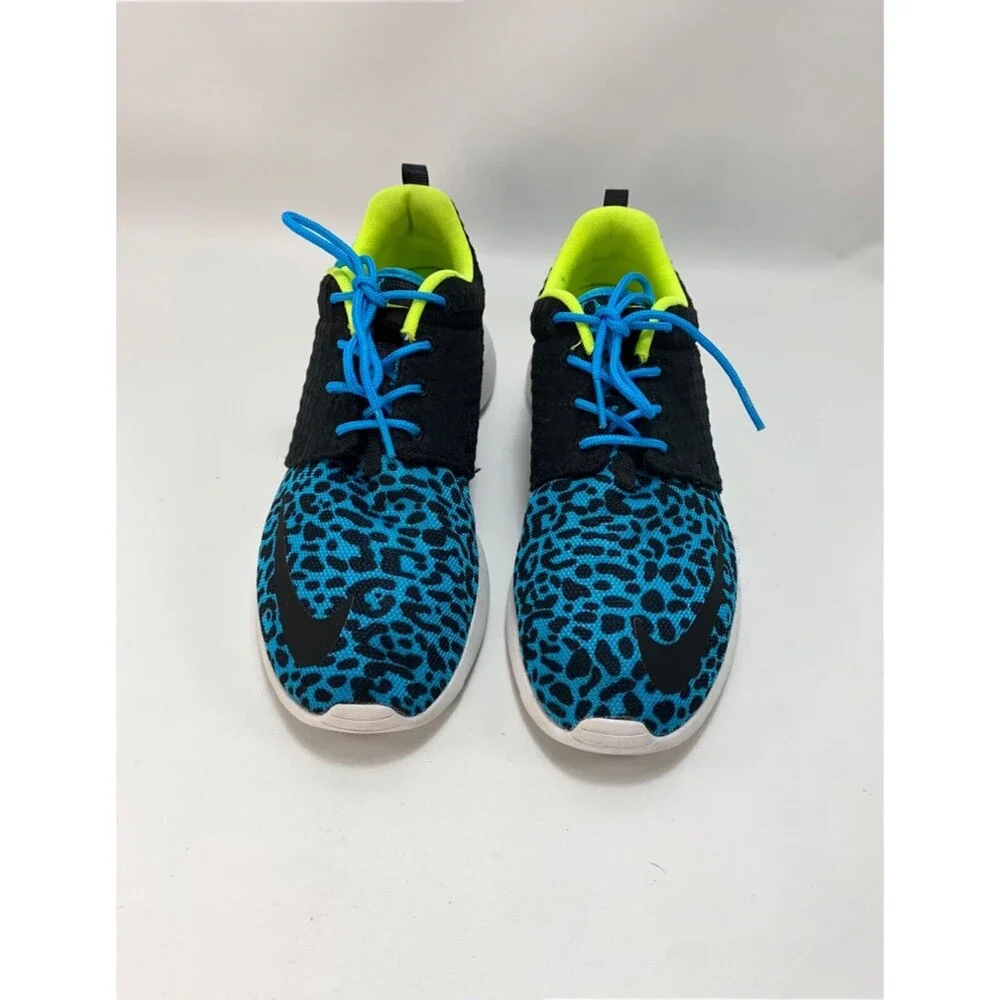 Nike Roshe Run Sneakers Womens 8 Black Current Blue Leopard Running Workout Gym
